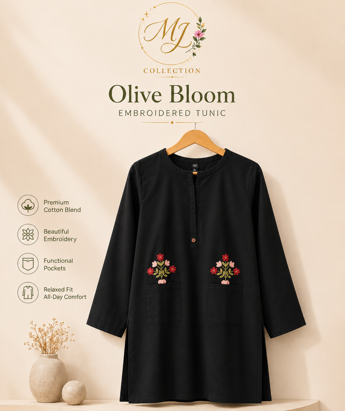 MJ Collections – Olive Bloom Embroidered Tunic