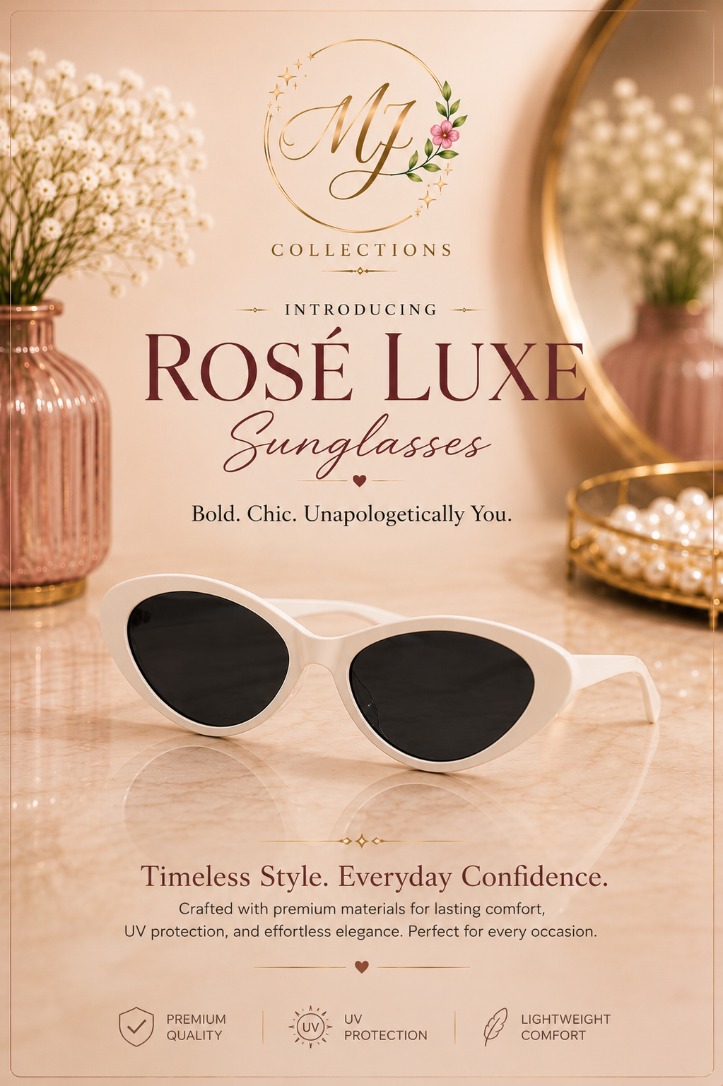 Rose Luxe White Cat-Eye Sunglasses – Premium UV Protection Eyewear