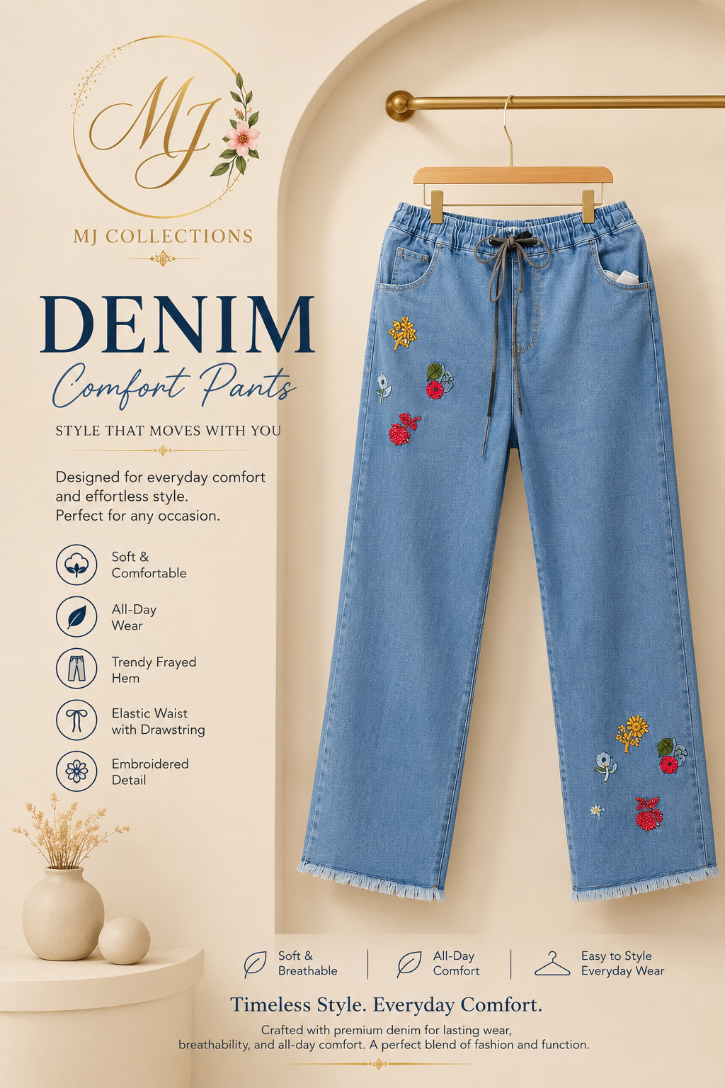 Women's Floral Embroidered Denim Comfort Pants