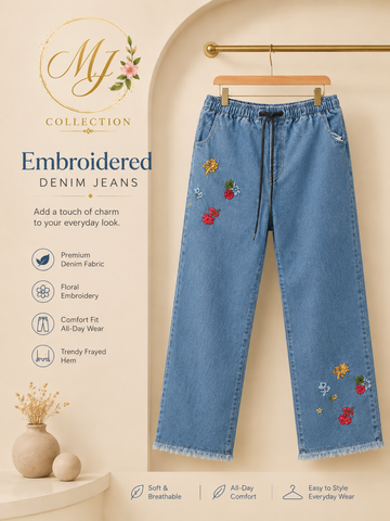 Women's Floral Embroidered Denim Comfort Pants