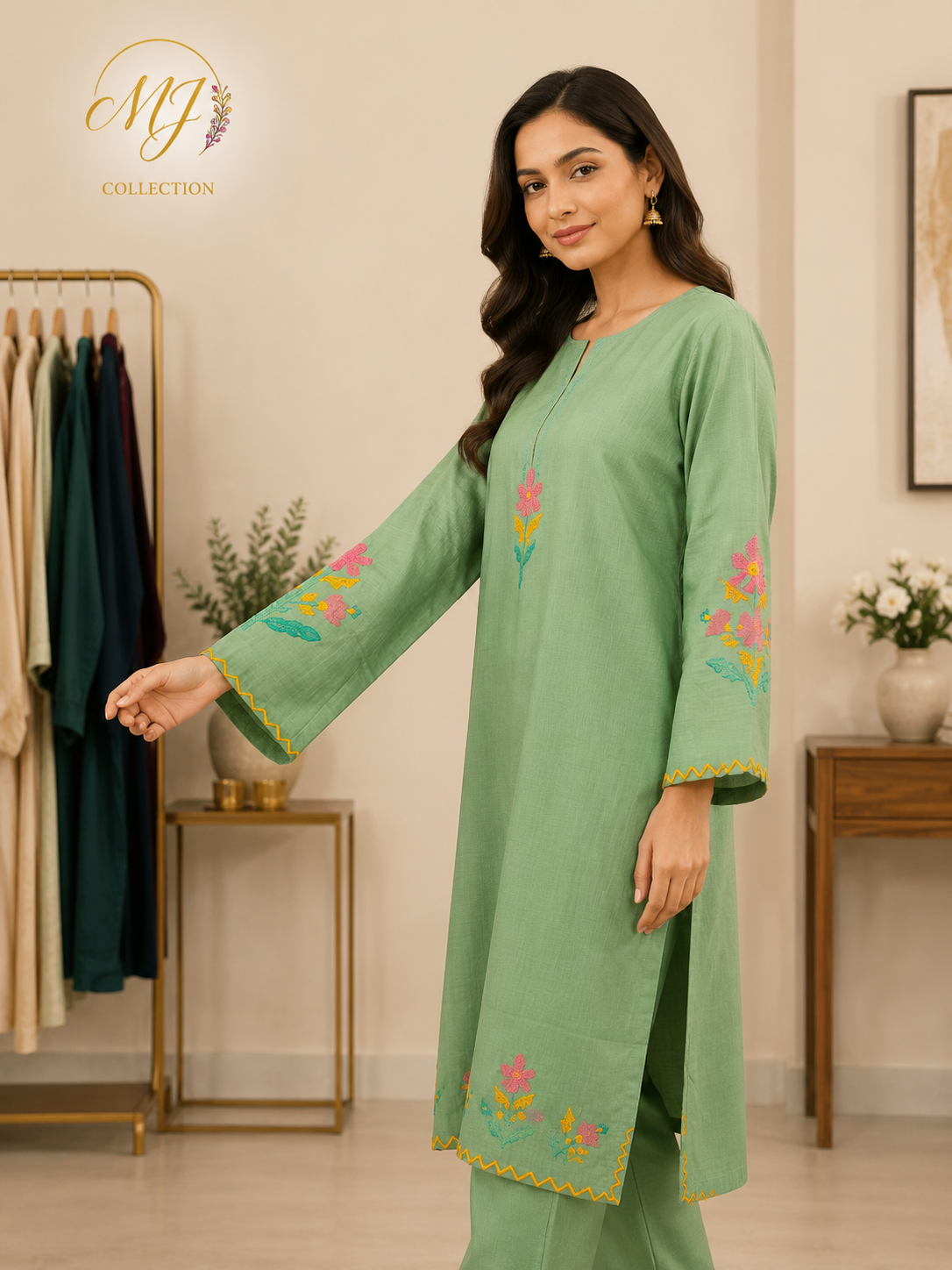 Women's Mint Green Embroidered Cotton Kurta Set – Premium 2 Piece