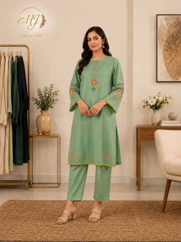 Women's Mint Green Embroidered Cotton Kurta Set – Premium 2 Piece