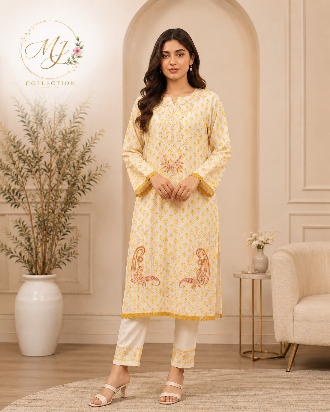 Elegant White & Mustard Embroidered 2-Piece Lawn Suit for Women