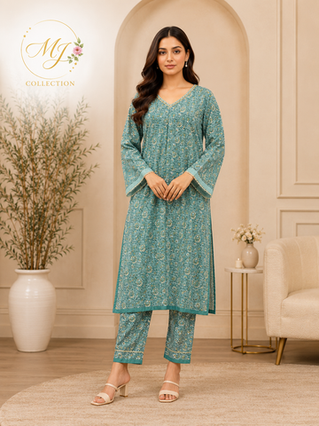 Elegant Sea Green Floral Printed 2-Piece Lawn Suit for Women