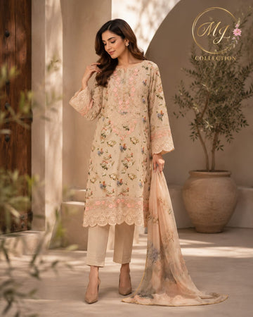 Elegant Beige Floral Embroidered 3-Piece Lawn Suit for Women
