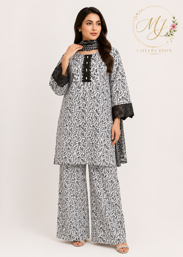 Noor-e-Sanam – Black & White Embroidered 3-Piece Suit