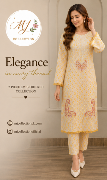 Elegant White & Mustard Embroidered 2-Piece Lawn Suit for Women