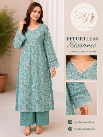 Elegant Sea Green Floral Chicken 2-Piece Suit for Women