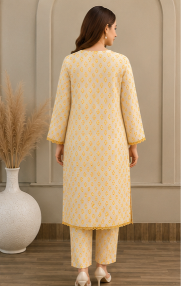 Elegant White & Mustard Embroidered 2-Piece Lawn Suit for Women
